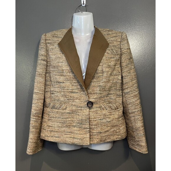 Womens Blazer Jacket Brown Wool Nylon Tweed Button Pocket Lined Classic Medium - Picture 1 of 8